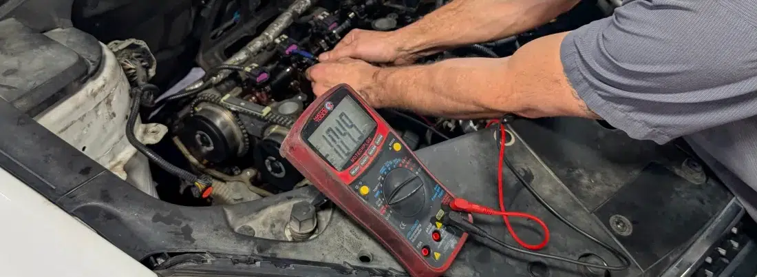 Mechanic testing engine with multimeter